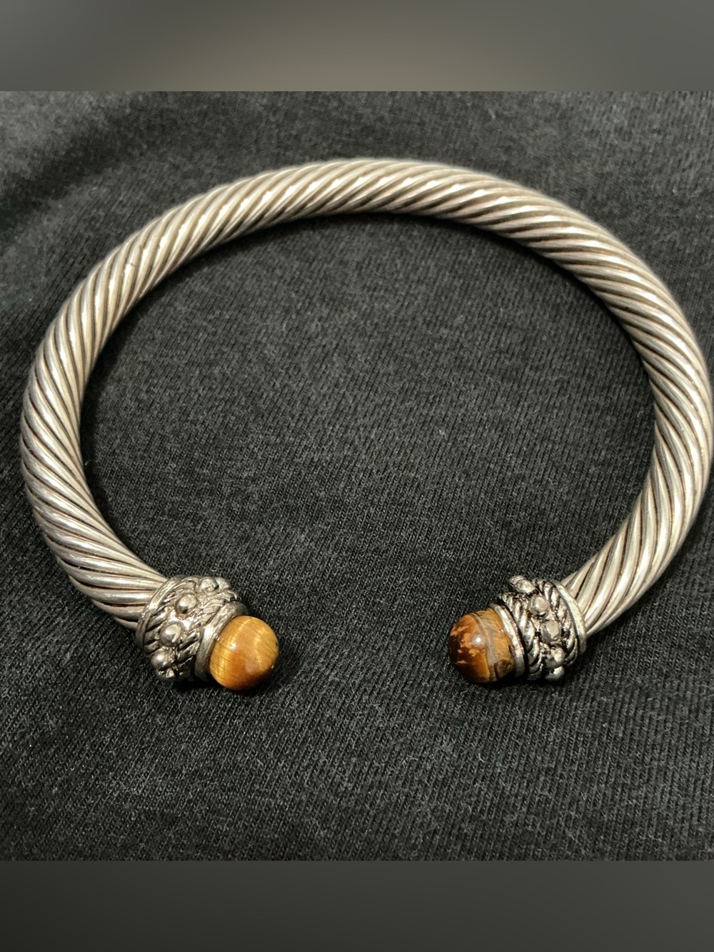 Silver Tone Twisted Cable Bracelet with Maybe Tiger Eye Tips